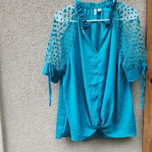 Cato Turquoise Blouse with Sheer Sleeves